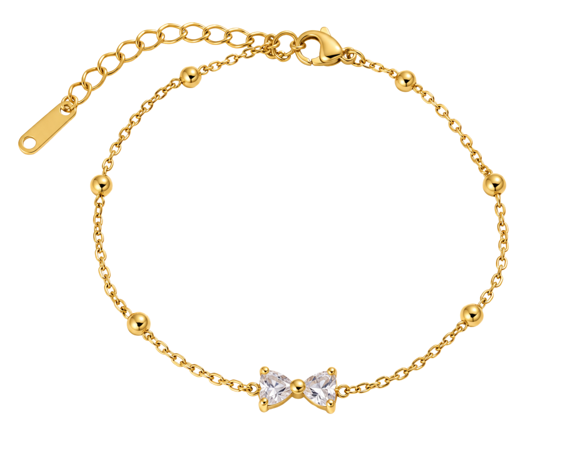 Gold-toned SALVE bow bracelet with elegant design, featuring a delicate bow charm on a sleek bracelet chain.