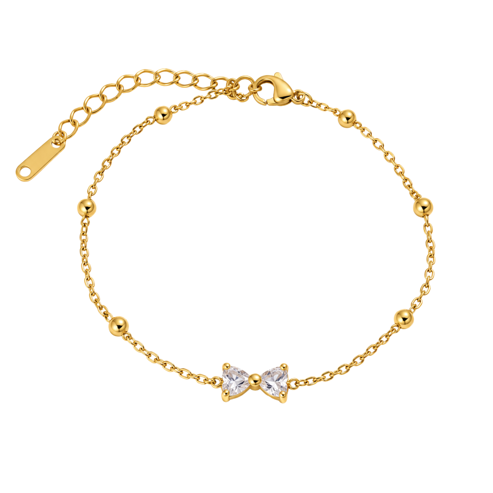 Gold-toned SALVE bow bracelet with elegant design, featuring a delicate bow charm on a sleek bracelet chain.