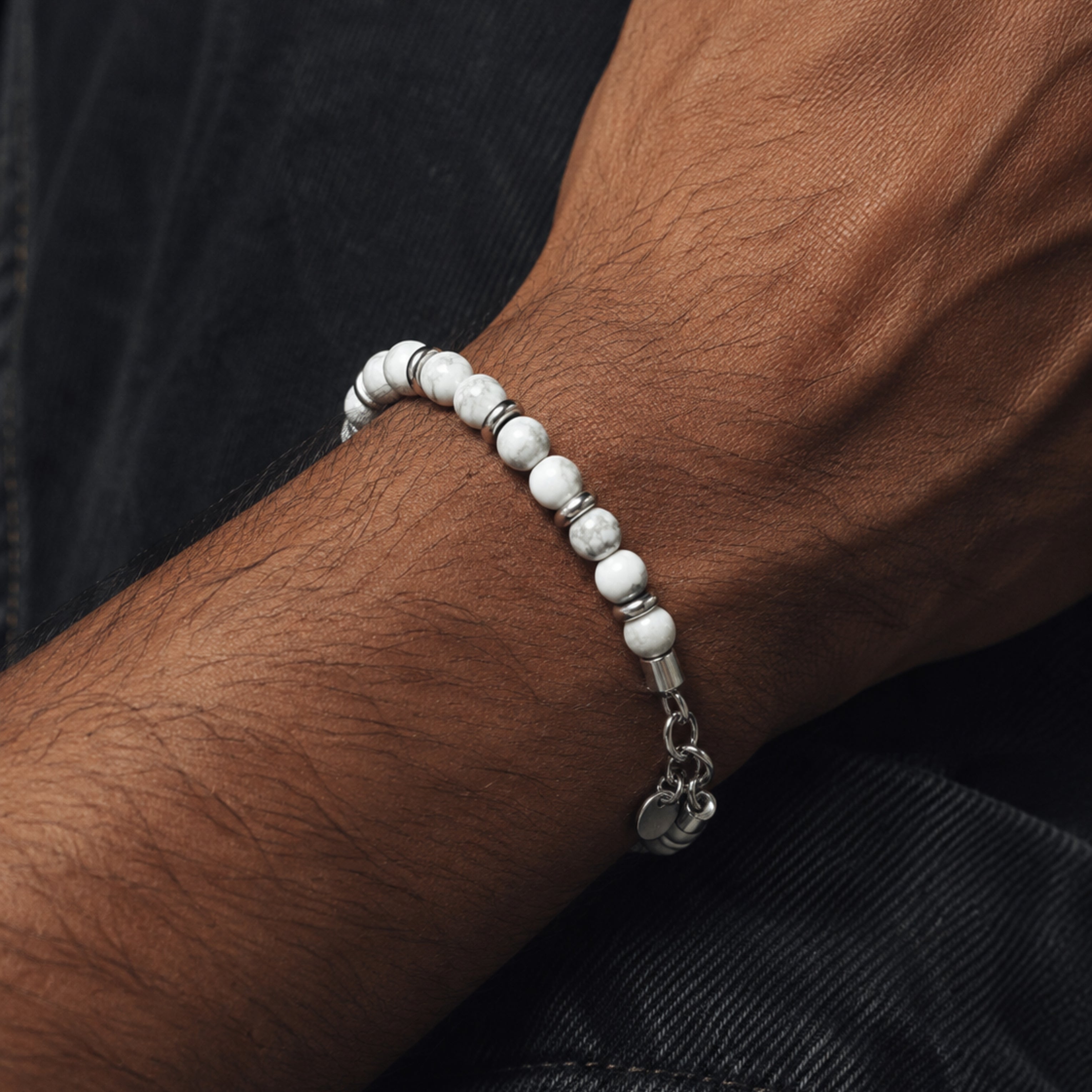 White Howlite bracelet for men by SALVE featuring smooth round beads on an elastic stretch cord.