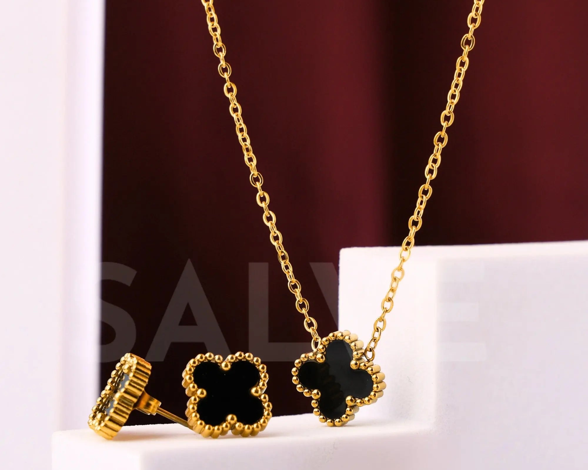 Salve Black Clover Pendant Earrings Ring Set - Salve