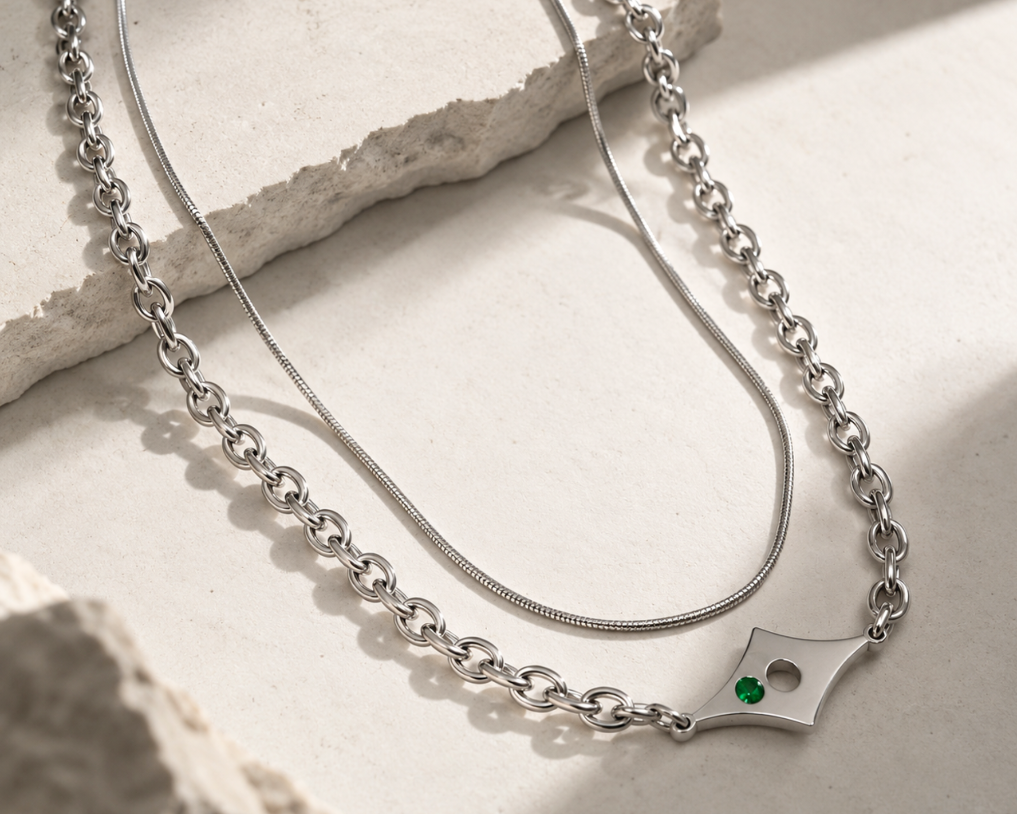 Pre-stacked green stone necklace for men by SALVE, featuring multiple green beads on a sleek necklace chain.