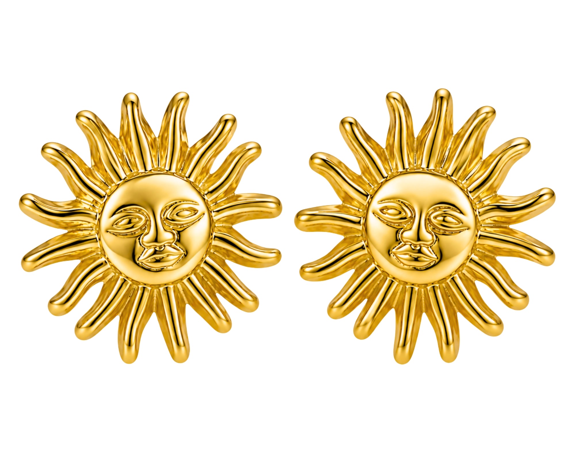 Salve anti-tarnish sun earrings with gold-tone finish, dangling design, and intricate sun motif on a white background.