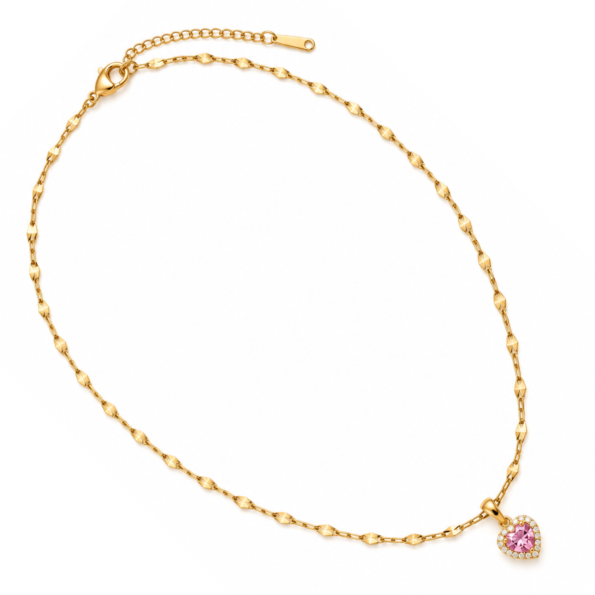 Salve CZ baby pink heart pendant necklace shown on a chain, featuring a sparkling pink heart-shaped charm.