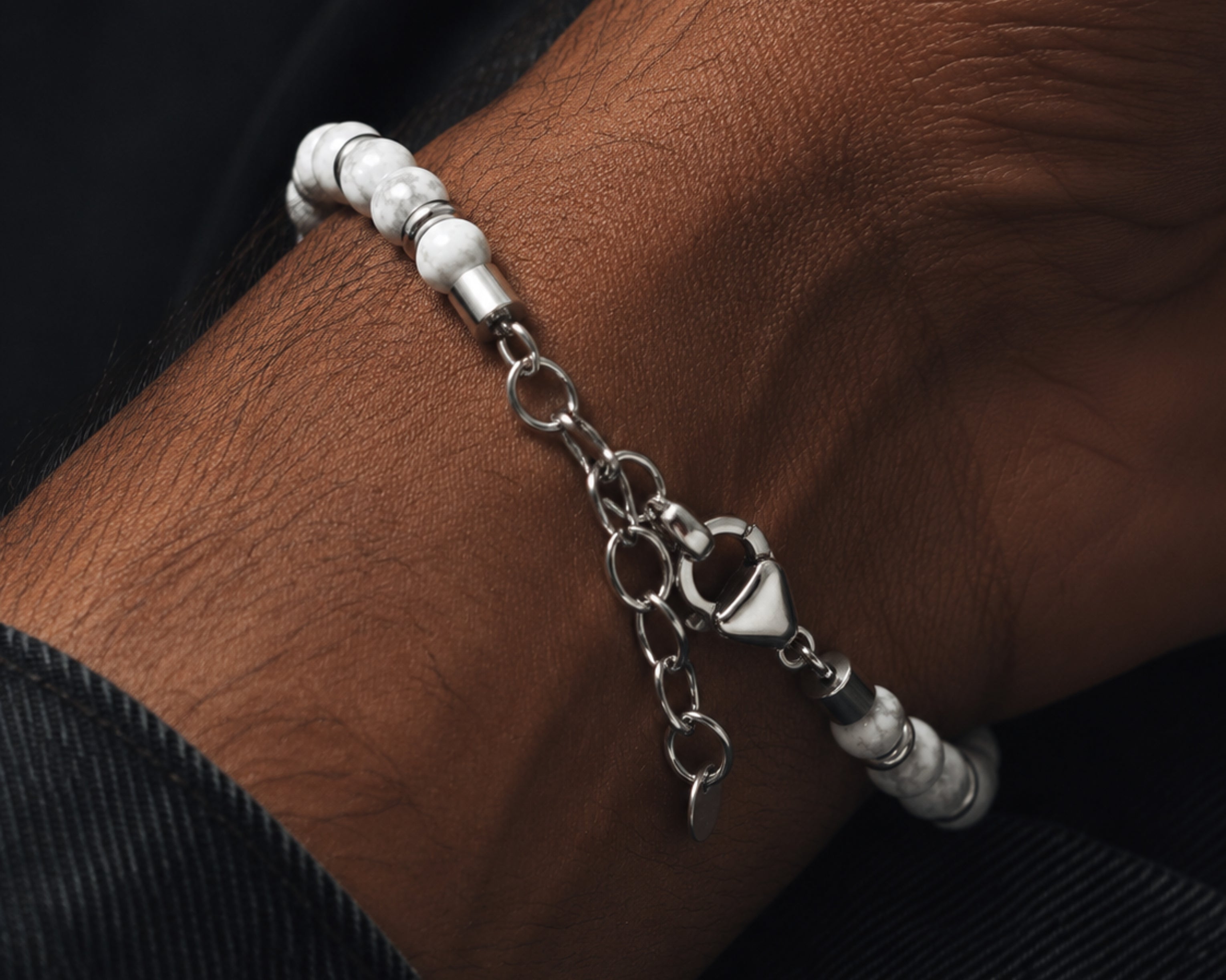 White Howlite bracelet for men featuring smooth white beads from SALVE, stylish and casual accessory.