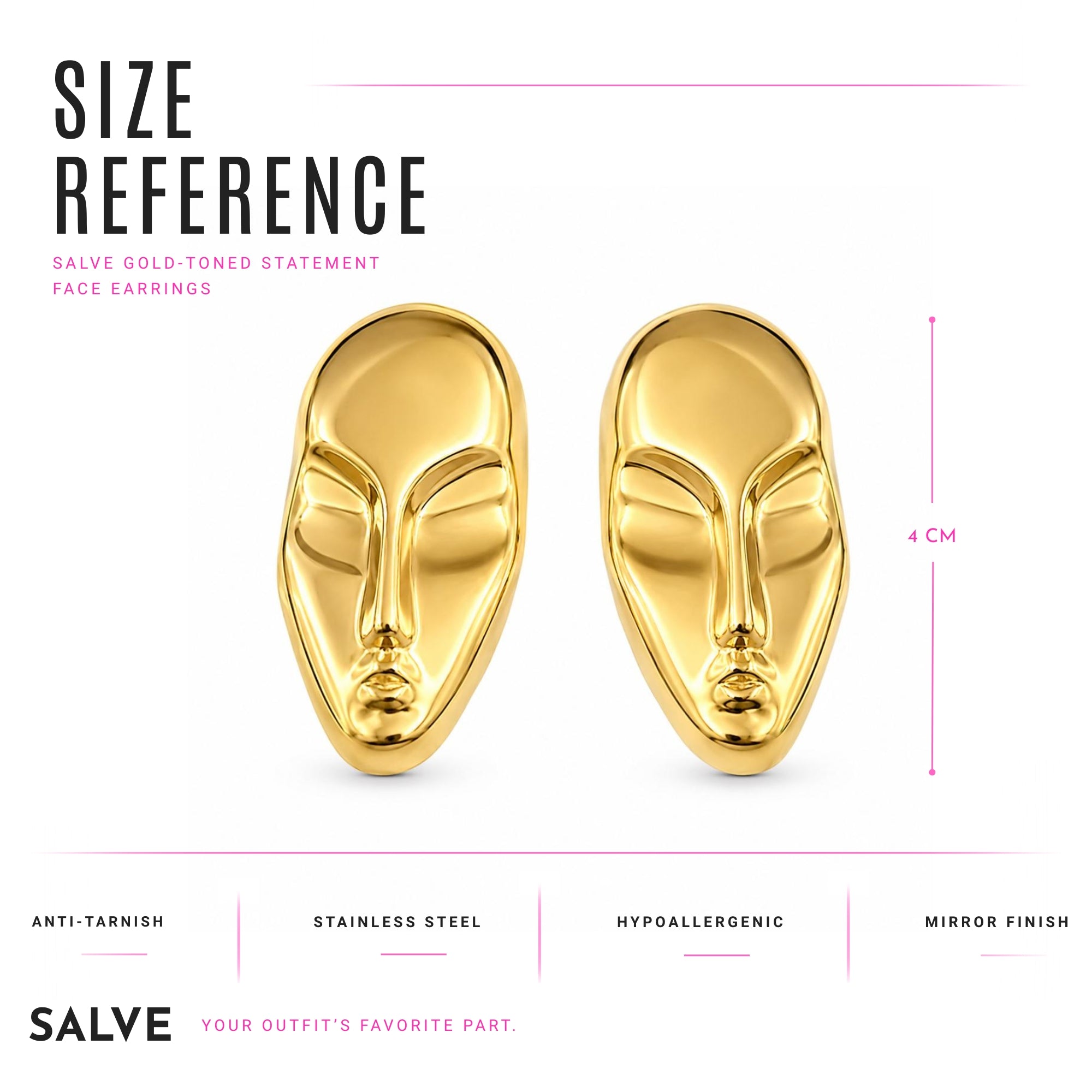 Gold statement stud earrings by SALVE featuring bold, elegant face card design perfect for stylish accessories.