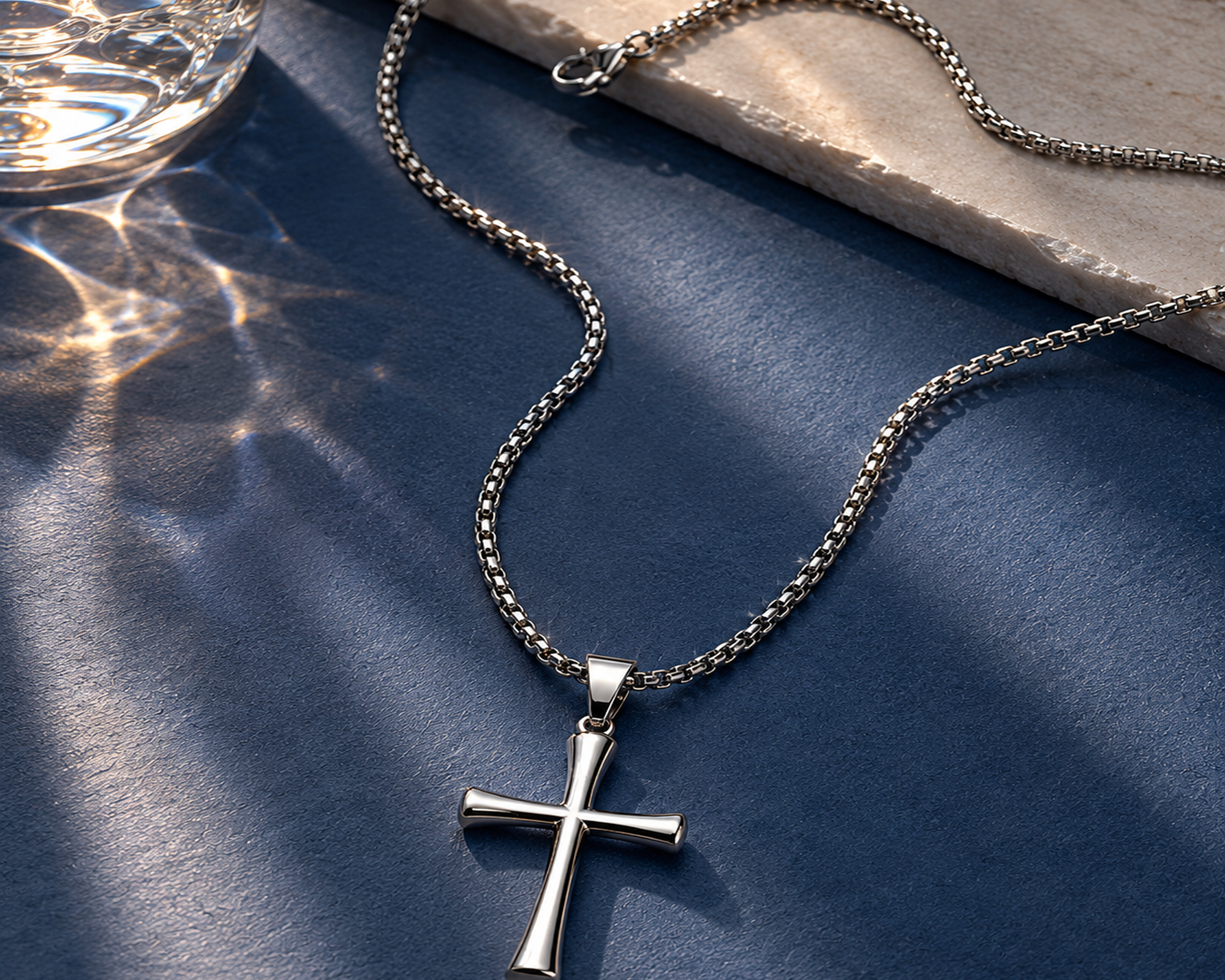 Silver-toned SALVE cross pendant necklace featuring a detailed cross charm on a chain.