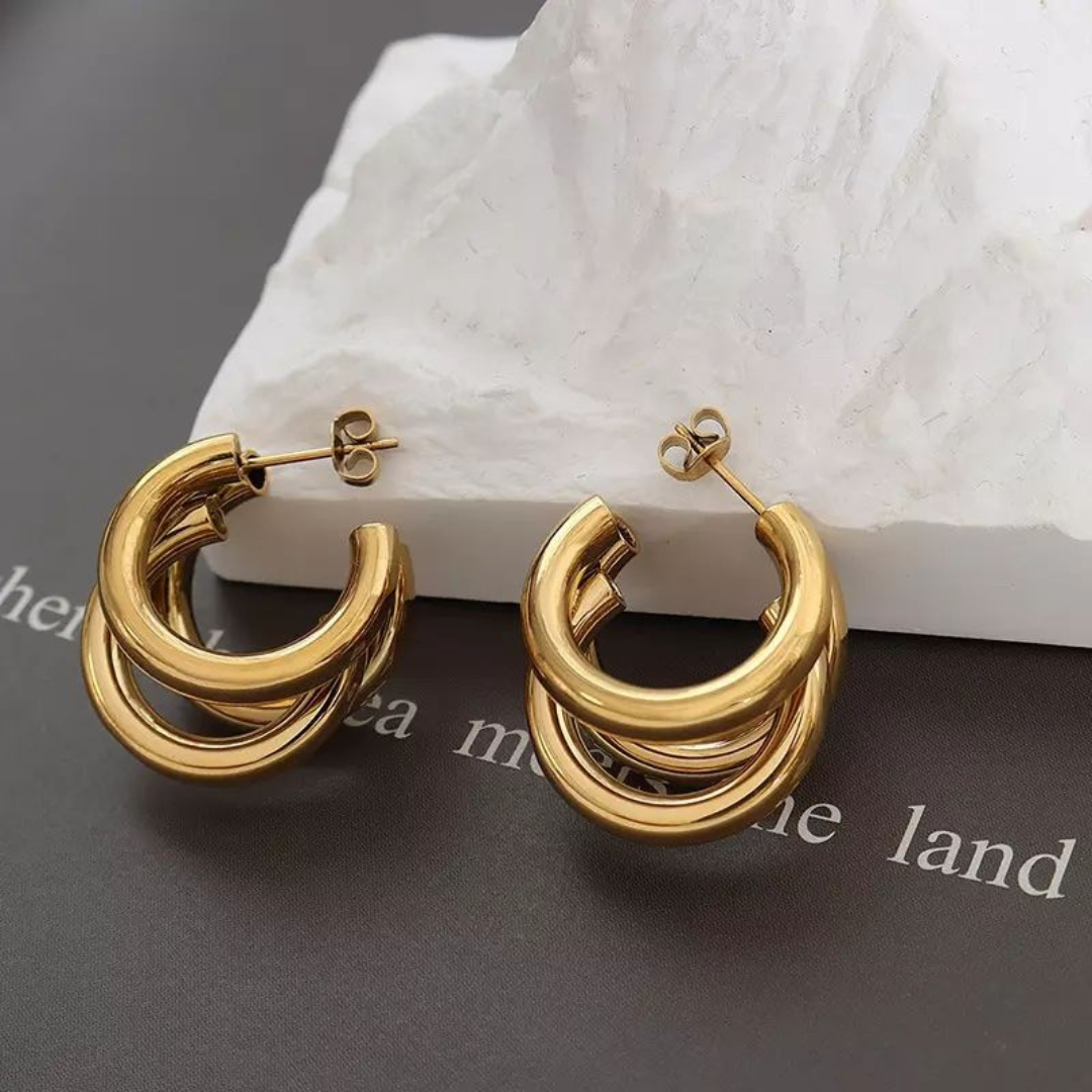 Salve C-Shaped ‘Chunky’ Triple Hoop Gold Earrings - Salve