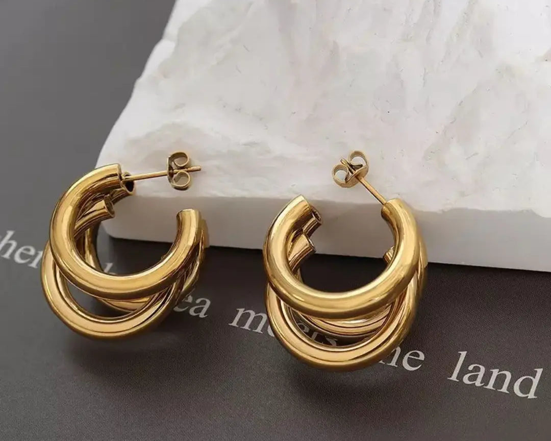 Salve C-Shaped ‘Chunky’ Triple Hoop Gold Earrings - Salve