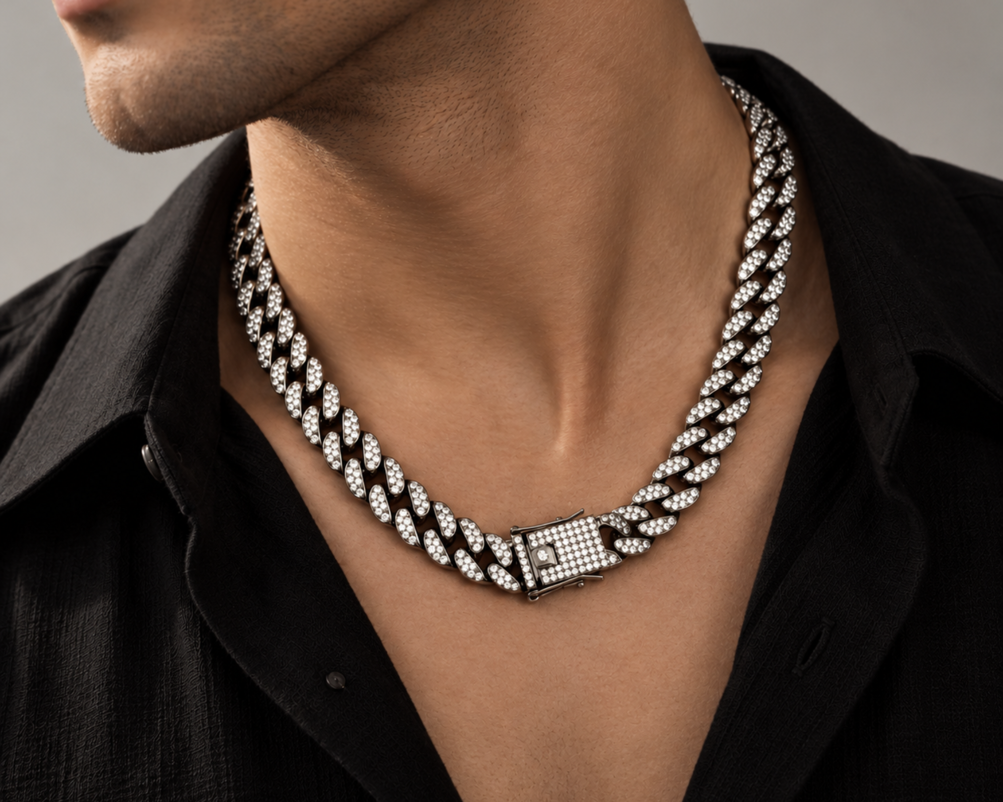 Black 11mm iced out CZ necklace for men featuring sparkling cubic zirconia stones, crafted by SALVE for bold style.