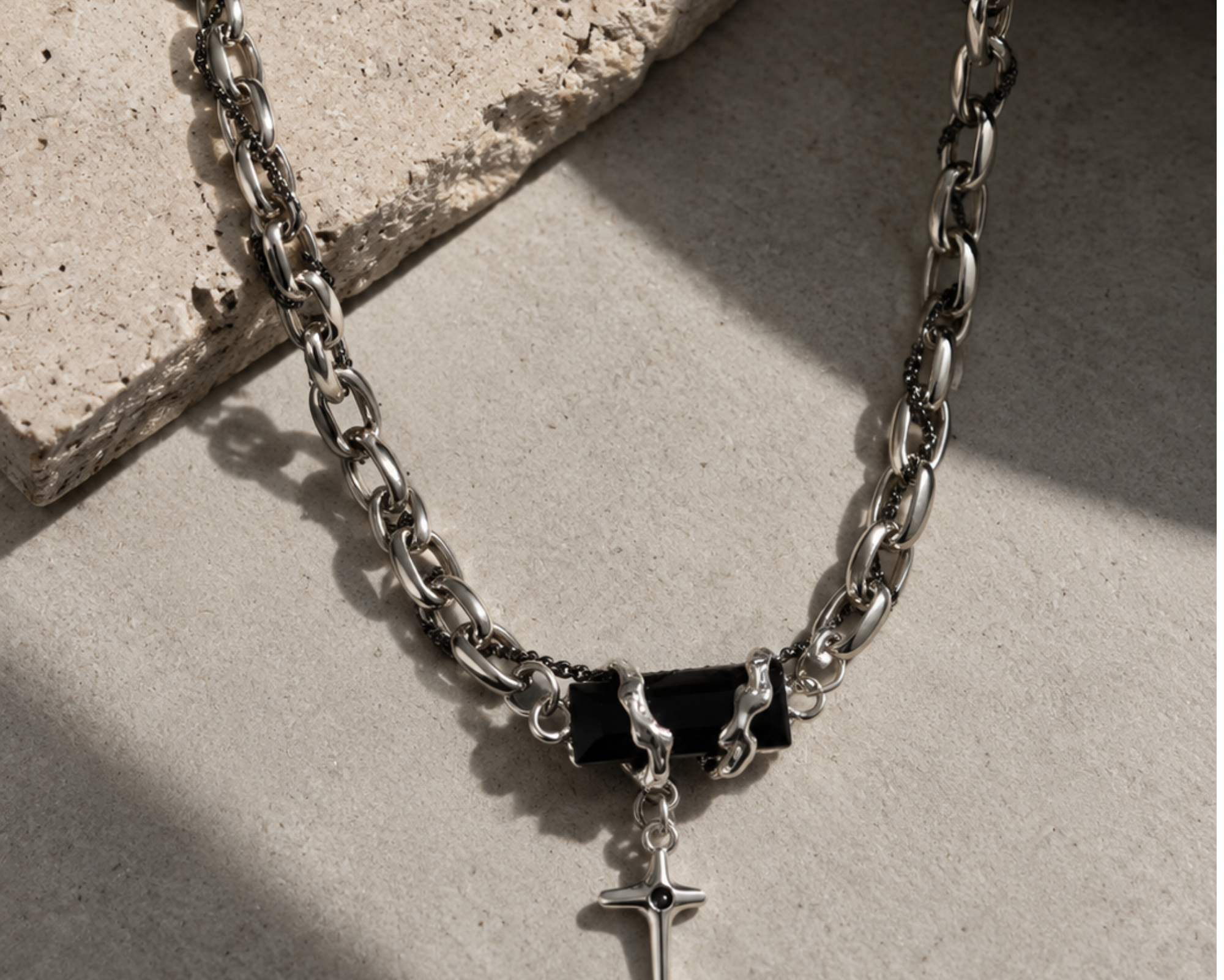Gothic black cross pendant on silver chain for men, SALVE necklace with detailed cross design and sleek style.