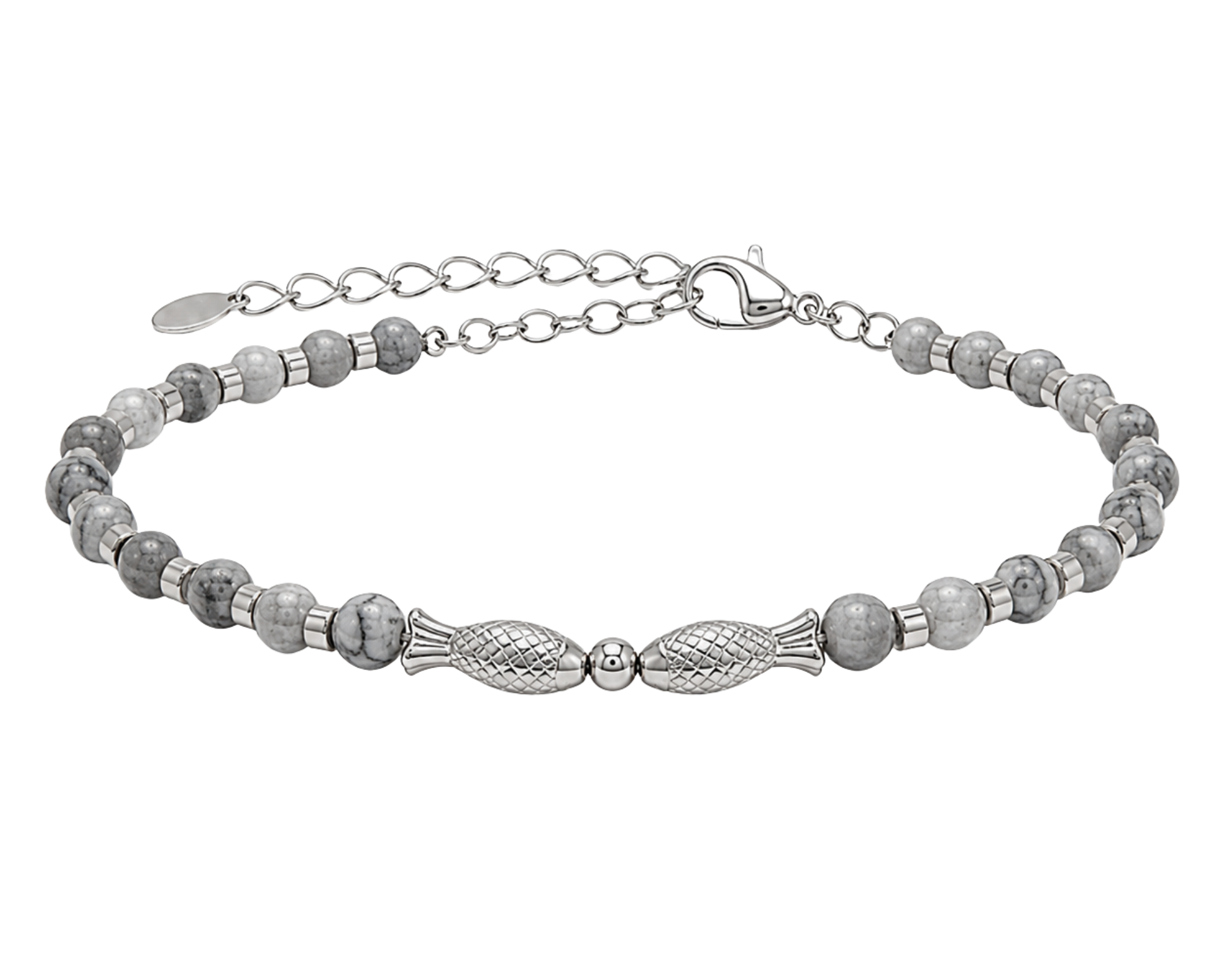 Salve Twin Fish Grey Men's Bracelet featuring two silver-tone fish charms on a grey cord.