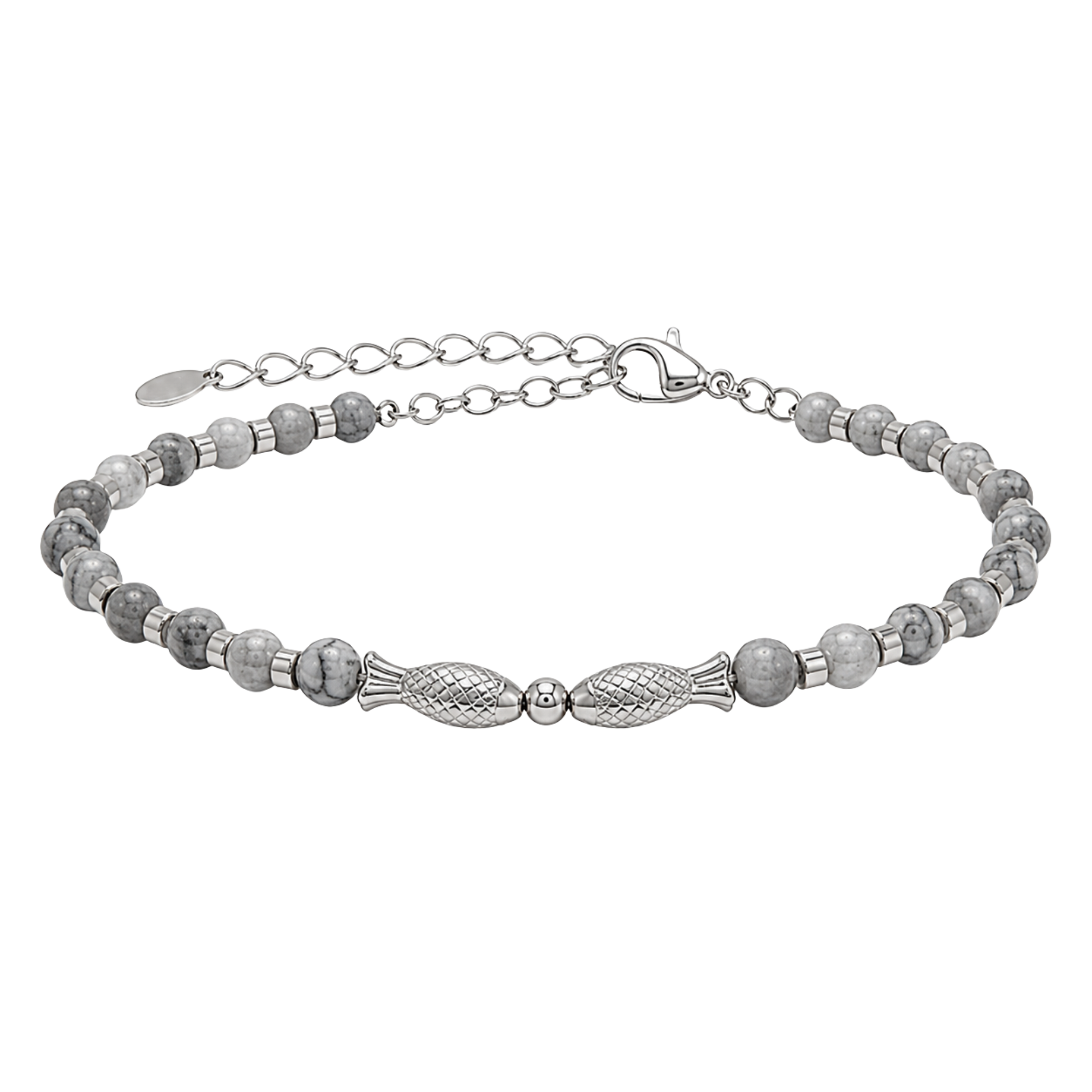 Salve Twin Fish Grey Men's Bracelet featuring two silver-tone fish charms on a grey cord.