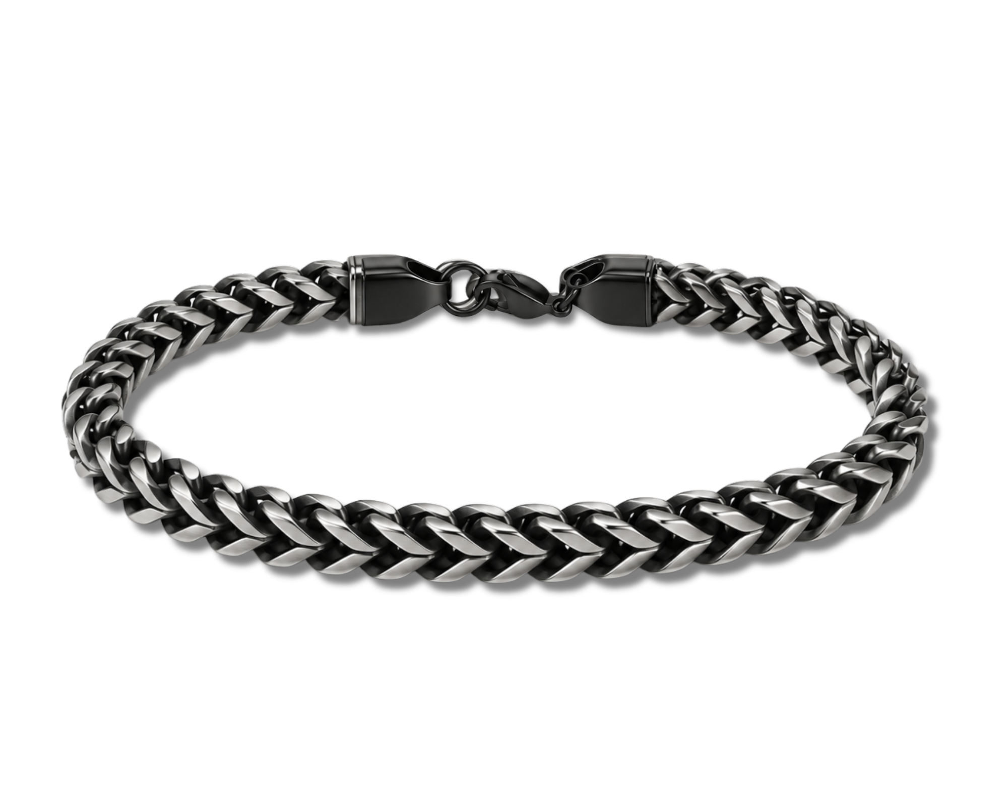 Black and silver wheat chain bracelet for men by SALVE, featuring a sleek, woven design with a secure clasp.