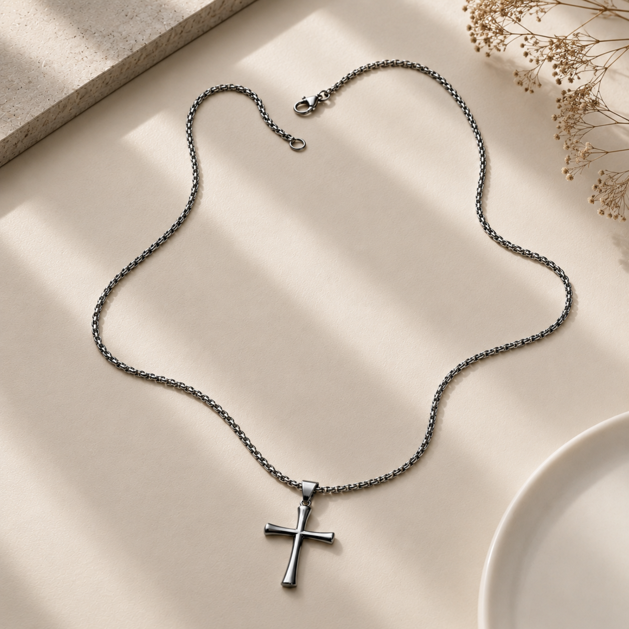 Silver-toned SALVE cross pendant necklace featuring a detailed Christian cross design.
