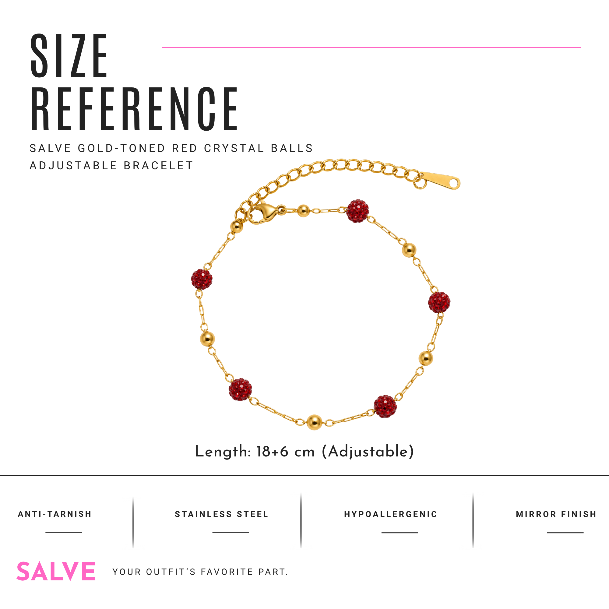 Salve red crystal anti-tarnish bracelet featuring vibrant red crystals on a sleek bracelet design.