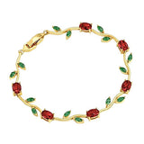 Maroon and green tulip-shaped bracelet by SALVE with floral design and intricate detailing on a neutral background.