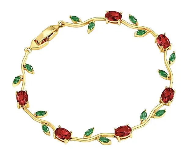 Maroon and green tulip-shaped bracelet by SALVE with floral design and intricate detailing on a neutral background.