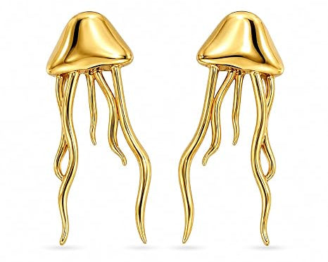 Gold jellyfish-shaped earrings by SALVE featuring intricate design, hanging style, and shimmering finish.