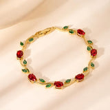 Salve maroon and green tulip bracelet with floral design and silver accents on a white background.