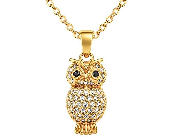 Gold pendant necklace featuring a rhinestone owl design by SALVE, showcasing a detailed owl motif with sparkling rhinestones.
