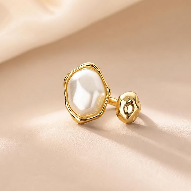 Salve Baroque faux pearl open adjustable ring featuring a large pearl centerpiece and delicate silver band.
