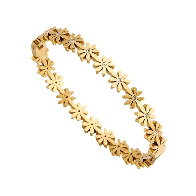 Gold floral daisy bracelet by SALVE featuring delicate flower charms on a slender chain for a stylish accessory.