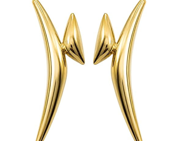 SALVE Chic abstract statement earrings featuring bold, modern design with colorful geometric shapes and gold accents.