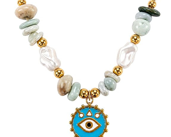 Gold evil eye pendant necklace by SALVE featuring a beach-inspired evil eye charm on a delicate chain.