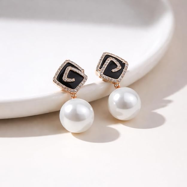 Black Enamel Faux Pearl Drop Earrings SALVE