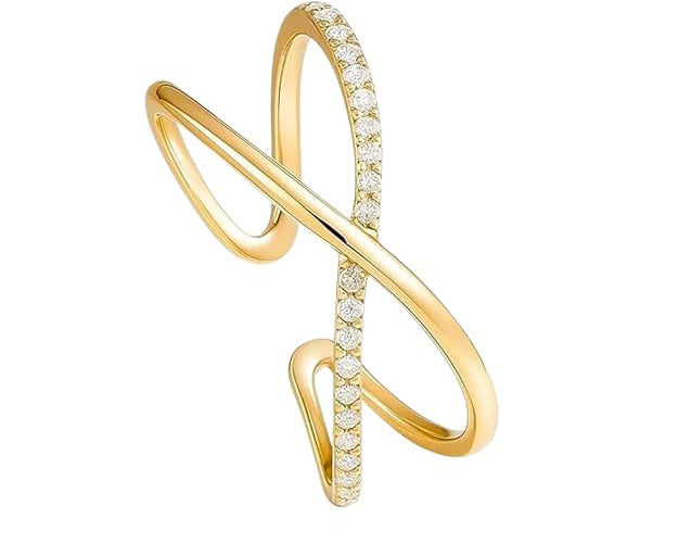 Silver CZ studded cross ring by SALVE featuring a detailed cross design with sparkling stones on a sleek ring band.