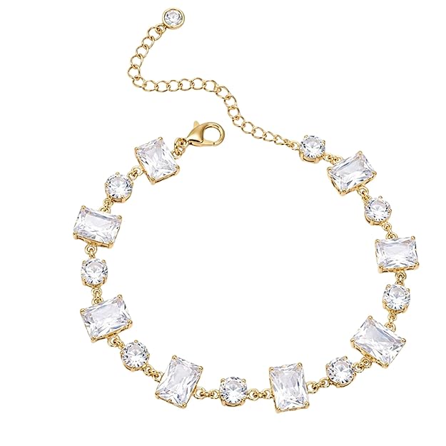 Salve emerald cut and round stone bracelet featuring elegant gemstones and a sleek design on a white background.