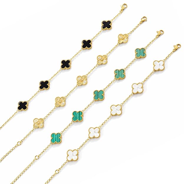 Salve anti-tarnish clover bracelet set featuring multiple delicate silver bracelets with clover charms on a white background.