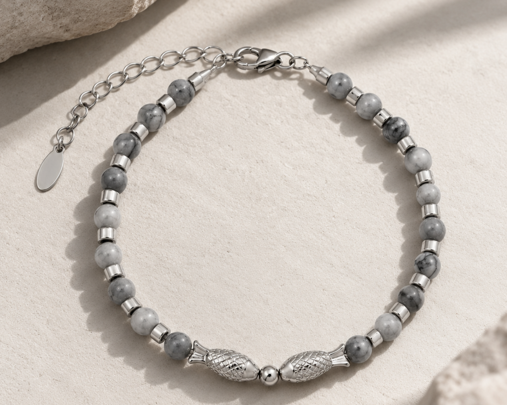 Salve Twin Fish Grey bracelet for men with two fish charms on a braided cord, stylish accessory for men's jewelry.