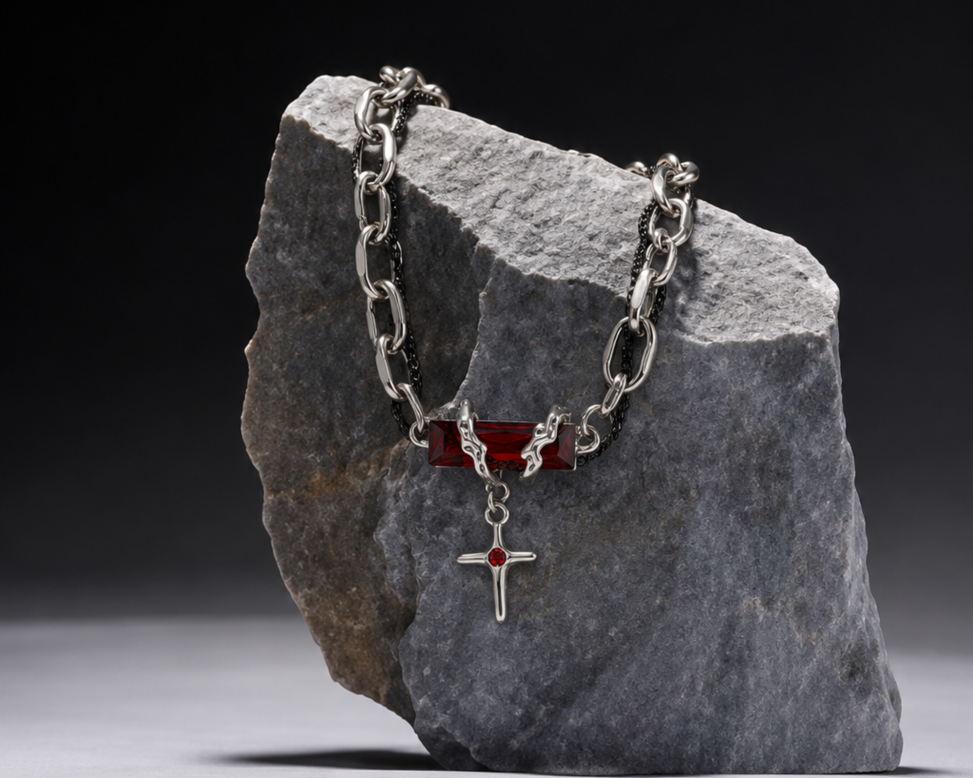 Salve crimson cross bracelet for men featuring a bold red cross charm on a black braided bracelet.