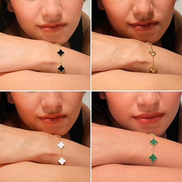 SALVE Anti Tarnish Clover Bracelet Set featuring multiple silver-tone bracelets with delicate clover charms.