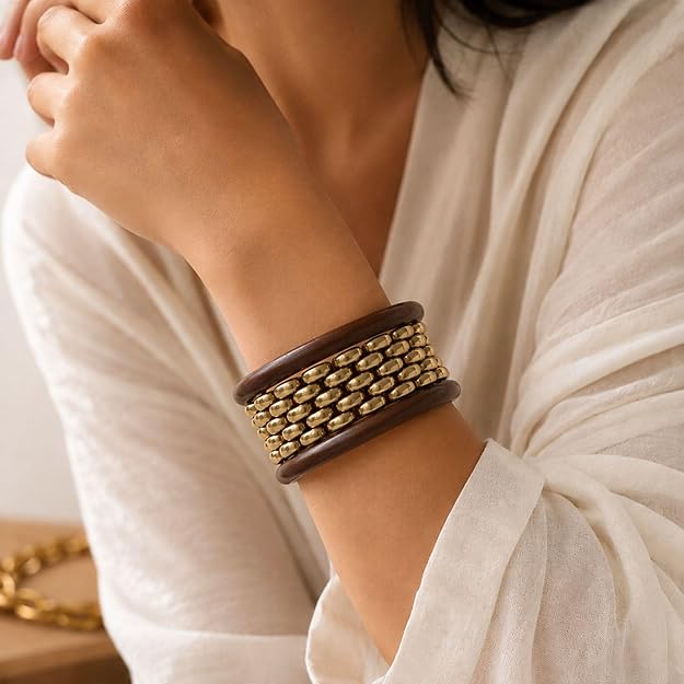 Salve chunky wooden bangle bracelet stack with natural wood tones and smooth, rounded design for stylish wrist accessories.