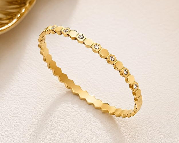 Salve CZ honeycomb hexagonal openable bracelet with gold-tone finish, featuring geometric openwork design and adjustable clasp.