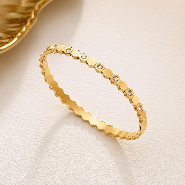 Salve CZ honeycomb hexagonal openable bracelet with gold-tone finish, featuring geometric openwork design and adjustable clasp.