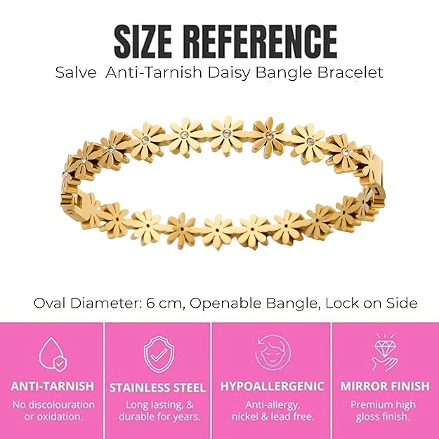 Salve Coquette Floral Daisy Golden Bracelet featuring delicate floral and daisy designs in shiny gold metal.