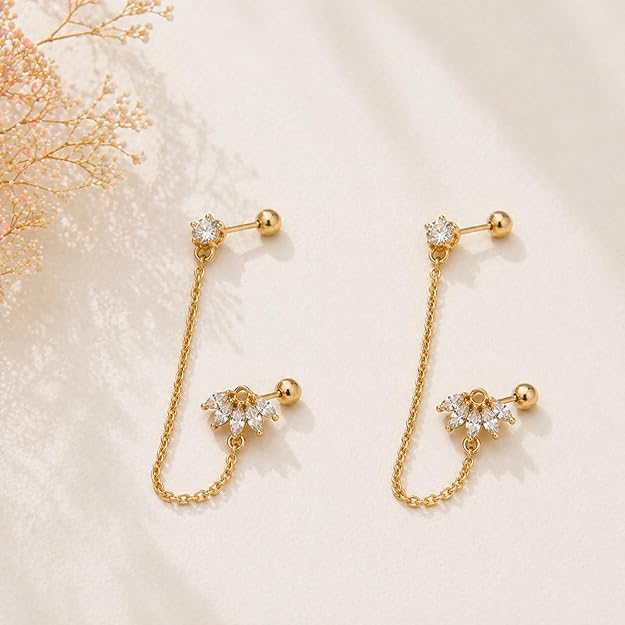 Salve Chic Marquise Flower Ear Chain Earrings featuring delicate floral design and elegant gold-tone metal for women