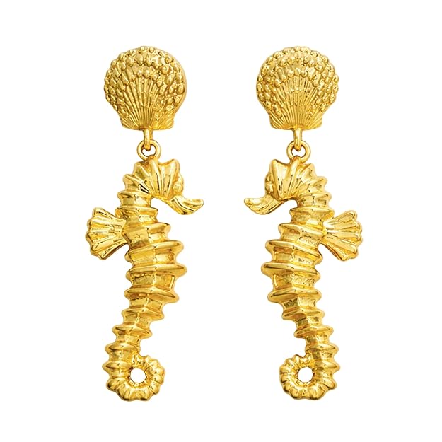 Gold drop earrings featuring sea horse dangles from SALVE, elegant jewelry accessory with intricate sea horse design