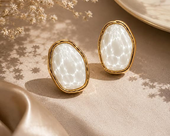 SALVE Faux Pearl Resin Stud Earrings with round design, featuring white pearls and resin, perfect for elegant everyday wear.