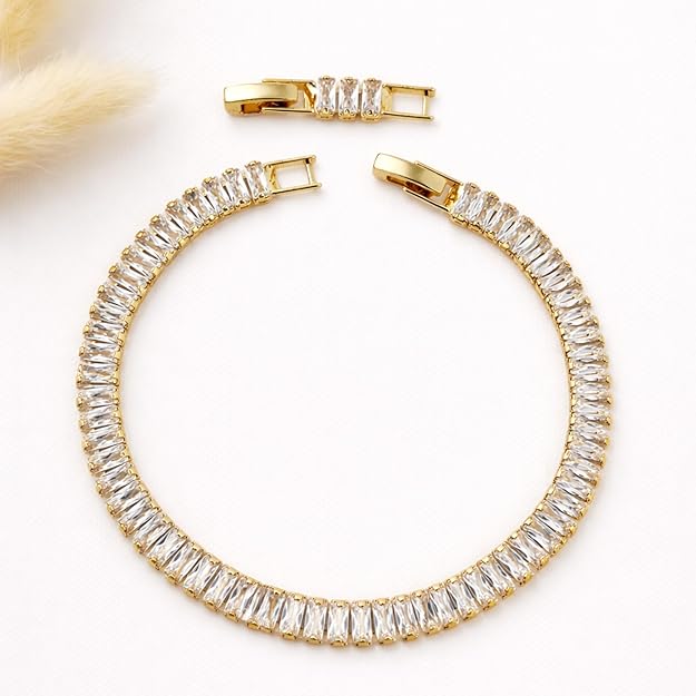 Salve Baguette Stone Tennis Bracelet showcasing sparkling rectangular gemstones on a delicate silver chain.