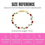 Maroon and green tulip-shaped bracelet by SALVE featuring floral design and intricate detailing on a light background.