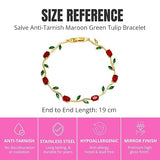 Maroon and green tulip-shaped bracelet by SALVE featuring floral design and intricate detailing on a light background.