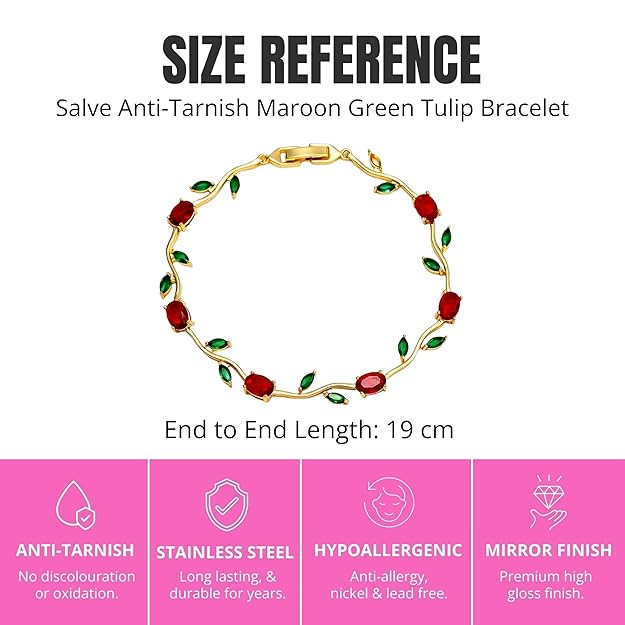 Maroon and green tulip-shaped bracelet by SALVE featuring floral design and intricate detailing on a light background.