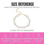 Salve emerald cut and round stone bracelet featuring sparkling green gemstones on a sleek silver band.