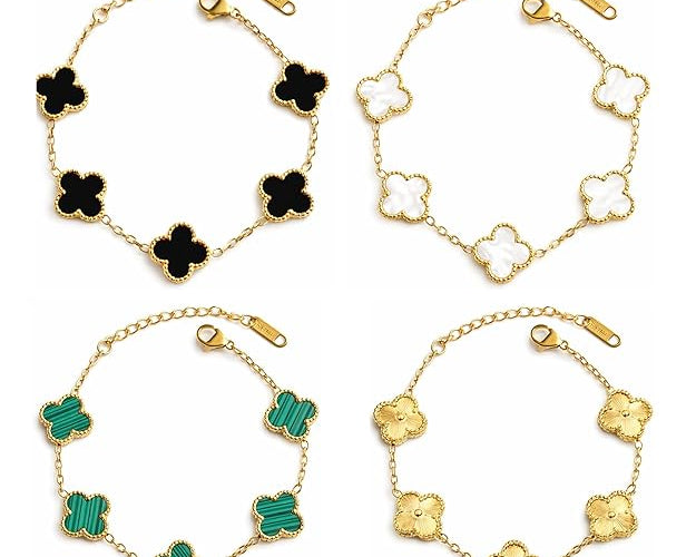 Salve anti-tarnish clover bracelet set featuring multiple silver-tone bracelets with clover charms on a white background.