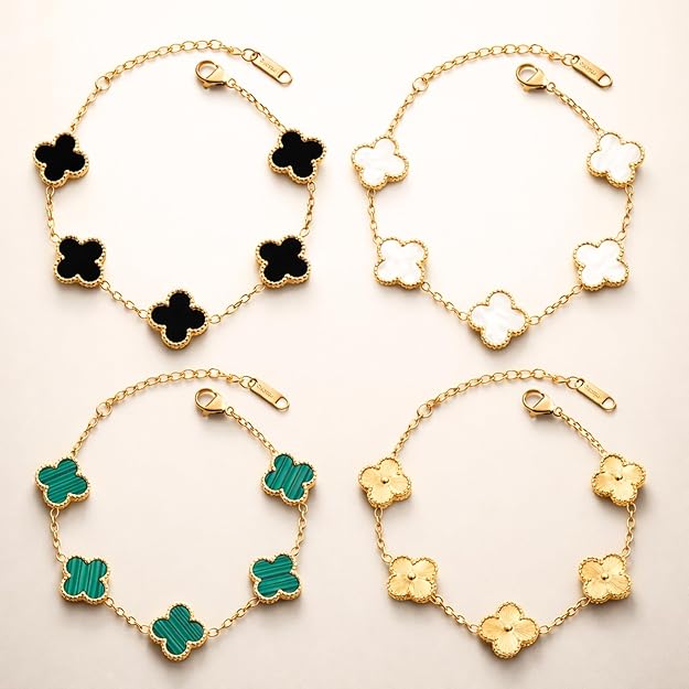 Set of SALVE anti-tarnish clover bracelets, dainty jewelry with four silver-toned bracelets featuring clover charms.