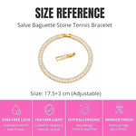 Salve Baguette Stone Tennis Bracelet featuring sparkling baguette-cut stones on a delicate silver chain.